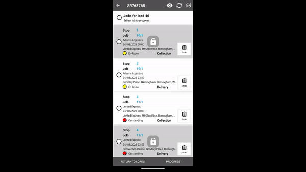 .GIF showing a driver arriving at a collection point and changing the job status from ‘outstanding’ to ‘picked up’. The app then syncs with the TMS and updates the job status in the TMS job planner.