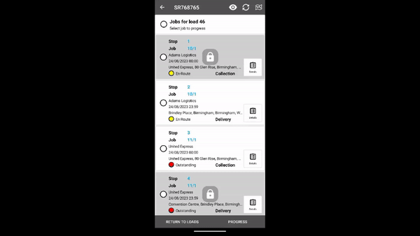 .GIF showing a driver arriving at a collection point and changing the job status from ‘outstanding’ to ‘picked up’. The app then syncs with the TMS and updates the job status in the TMS job planner.